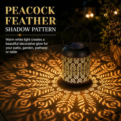 Solar Powered Outdoor Hanging Lanterns For Garden And Patio, Waterproof Landscape Lights With Warm White LED casting peacock feather shadow