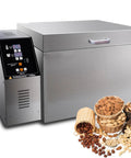 Heavy Duty Electric Nut Roasting Machine And Coffee Bean Roaster With Solid Stainless Steel Build, shown with various nuts.