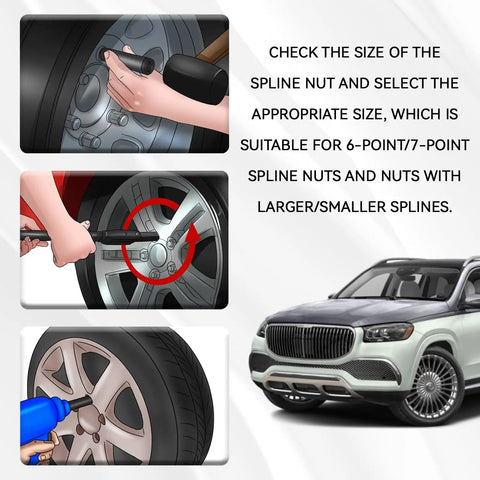Illustration showing use of 7 Spline Lug Nut Socket Set With Key For Easy Wheel Lock Removal on various wheels with high torque
