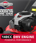 21 Inch Self Propelled Gas Lawn Mower With 140cc Briggs And Stratton Engine, close-up of 140cc OHV engine on red steel deck