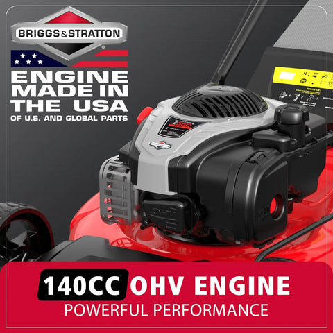 21 Inch Self Propelled Gas Lawn Mower With 140cc Briggs And Stratton Engine, close-up of 140cc OHV engine on red steel deck