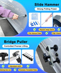 Paintless Dent Repair Kit For Home Mechanics With Dent Puller Set And Metal Lifter Bridge Puller Slide Hammer T Bar PDR Tools for car dent removal, slide hammer in use
