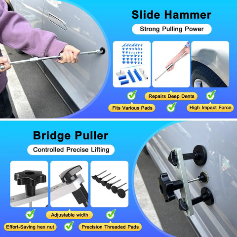 Paintless Dent Repair Kit For Home Mechanics With Dent Puller Set And Metal Lifter Bridge Puller Slide Hammer T Bar PDR Tools for car dent removal, slide hammer in use
