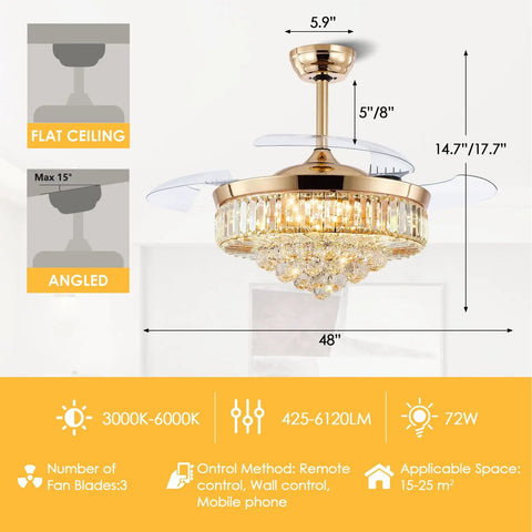 Crystal Chandelier Ceiling Fan With Retractable Blades, Remote Control, Dimmable Lights, Memory Function, 42 Inch, gold finish