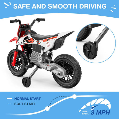 12V Kids Ride On Motorcycle With Dual 25W Motors Safe One To Three MPH Speed Safety Training Wheels Self Control Throttle