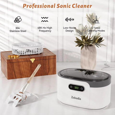 600ml Ultrasonic Jewelry Cleaner With Digital Timer for Glasses Rings Silver Coins and Makeup Brushes on a table