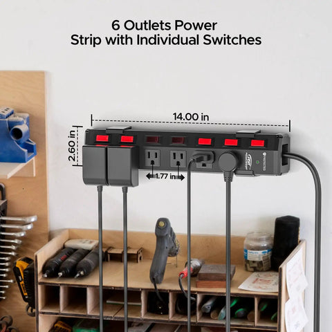 Beefy Heavy Duty Metal Power Strip With Individual On Off Switches, Wall-Mounted in Workshop, Six Outlets, 6 Foot Surge Protector