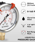 Glycerin Filled 0 To 160 Psi Pressure Gauge With 2.5 Inch Dial And 1/4 NPT Lower Mount Stainless Steel Case for air compressors