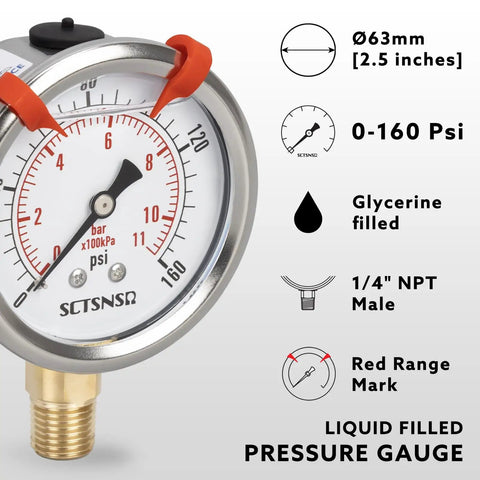 Glycerin Filled 0 To 160 Psi Pressure Gauge With 2.5 Inch Dial And 1/4 NPT Lower Mount Stainless Steel Case for air compressors