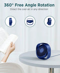 Go To Ultra Quiet USB Desk Fan With 360 Degree Rotatable Head 3 Speeds Ultra Portable Table Fan in blue on desk next to reader