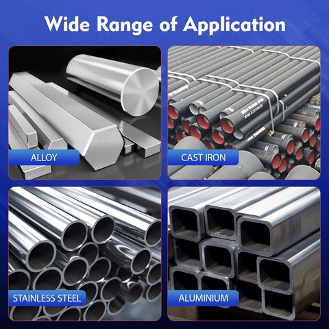 HIDOTOL hole saw kit components collage: alloy bars, cast iron rods, stainless steel tubes, aluminium tubes.