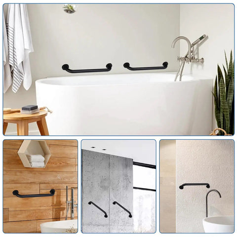 Built Like A Tank Matte Black Stainless Steel Grab Bars 12 Inch Handrail on bathtub wall for safety and support.
