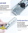 Close-up of Built Tough Three Fold Full Extension Drawer Slides With Lock Mechanism showing blue seal for rust resistance.