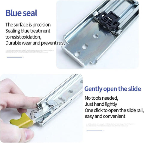Close-up of Built Tough Three Fold Full Extension Drawer Slides With Lock Mechanism showing blue seal for rust resistance.