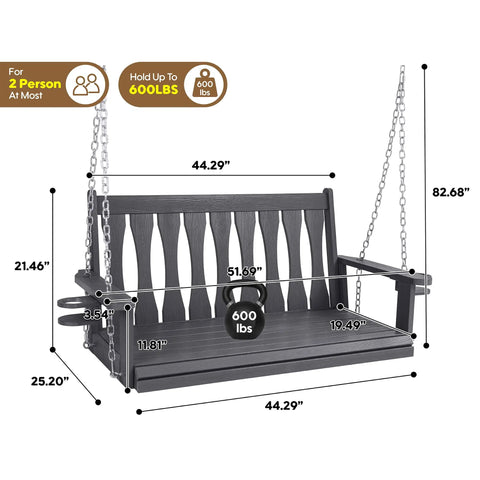 All Weather Outdoor Hanging Porch Swing For Two Seats With Cup Holders Durable Plastic Patio Swing Bench With Chains For Courtyard And Garden Weatherproof And Low Maintenance For Backyards
