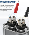 Easy installation diagram for 10 MFD 370 440 VAC Round Motor Run Capacitor showing terminal connections.