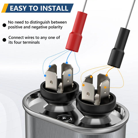Easy installation diagram for 10 MFD 370 440 VAC Round Motor Run Capacitor showing terminal connections.
