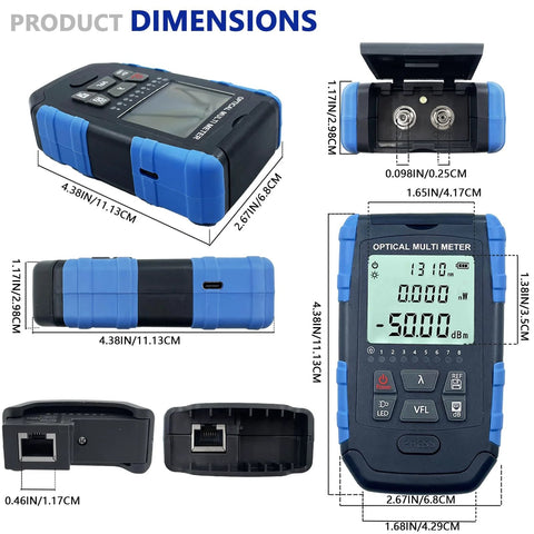 Front view of 5-in-1 fiber optic cable tester portable optical power meter with blue and black housing and LCD display