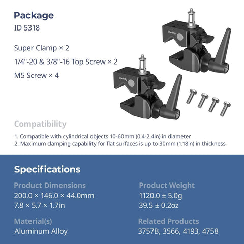 Beefy Heavy Duty Super Clamp Kit 2-Pack For Cameras Microphones Monitors And Lighting Gear, product dimensions and specifications shown.