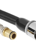 Close-up of polished chrome hose assembly for kitchen faucet genuine part, durable premium materials built to last, engineered for longevity