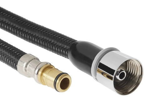 Close-up of polished chrome hose assembly for kitchen faucet genuine part, durable premium materials built to last, engineered for longevity