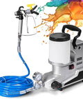 Killer 1600W Airless Paint Sprayer With Sixteen Foot Hose, High Pressure Wall And Ceiling Paint Gun For House Prep, Smooth Quick Coverage, Zero Grind Easy Maneuver DIY Staple with blue hose and spray gun.