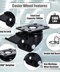 Heavy Duty Swivel Casters features showing 360° rotation, locking mechanism, and non-marking design for Low Profile Caster Wheels Set Of Four Heavy Duty Swivel Casters With Locking Brake For Industrial Workbenches Garage Tool Chest Furniture Leveling 1100 Lb Capacity Workhorse Grade Steel.