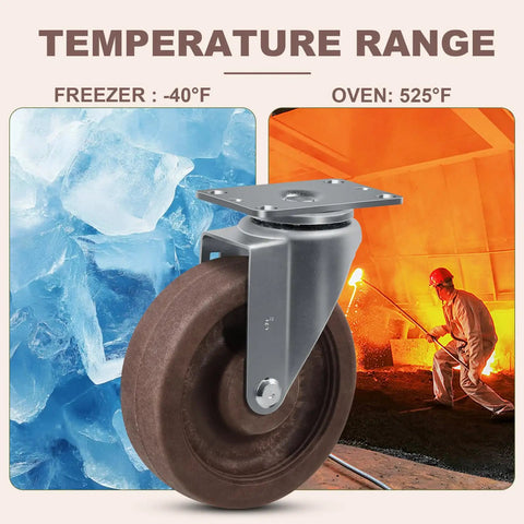 Heavy Duty 5 Inch High Temp Caster Wheels Rock Solid Heat Resistant Nylon Roller with freezer and oven temp range.