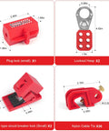 Lockout Tagout Kit For Electrical Safety Station Hasp Latch Circuit Breaker Tags And Safety Loto Locks With Nylon Ties And Pocket Bag Red 25 Piece Set For Industrial Factory Protection showing plug lock, lockout hasp, circuit breaker lock, nylon cable tie with dimensions.