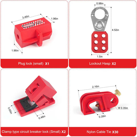 Lockout Tagout Kit For Electrical Safety Station Hasp Latch Circuit Breaker Tags And Safety Loto Locks With Nylon Ties And Pocket Bag Red 25 Piece Set For Industrial Factory Protection showing plug lock, lockout hasp, circuit breaker lock, nylon cable tie with dimensions.