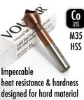 Heavy Duty 90 Degree Countersink Drill Bit Machined From M35 Cobalt High Speed Steel Featuring A Sturdy 6 Millimeter Shank Engineered For Stainless Steel And Hard Metals That Cuts Slick And Delivers Knockout Results, showing cobalt drill bit with packaging.