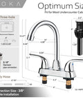 Image showing dimensions and components of Two Handle Centerset Bathroom Faucet With High Arc Stainless Steel Spout Deck Plate And Pop Up Drain For 3 Hole Install Chrome Finish Durable Ceramic Disc Cartridge Low Lead Nylon Braided Supply Lines Easy Install.