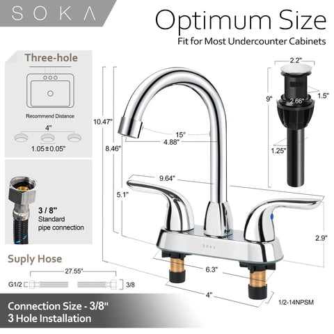Image showing dimensions and components of Two Handle Centerset Bathroom Faucet With High Arc Stainless Steel Spout Deck Plate And Pop Up Drain For 3 Hole Install Chrome Finish Durable Ceramic Disc Cartridge Low Lead Nylon Braided Supply Lines Easy Install.
