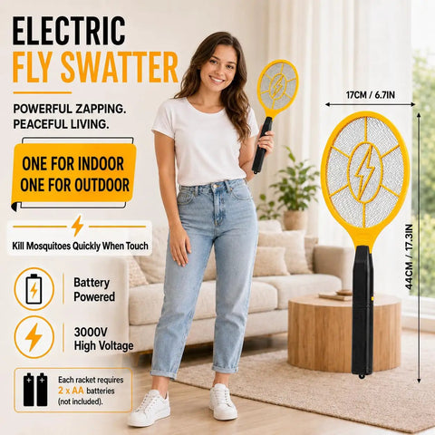 Smiling woman holding Two Pack Handheld Bug Zapper Racket For Mosquitoes And Insects with 3000V High Voltage Electric Fly Swatter in living room.