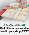 Premium Zero Play Table Saw Sled Kit Featuring Adjustable Miter Bar and Ergonomic MatchFit Handle for Flawless Crosscuts with Melamine base.