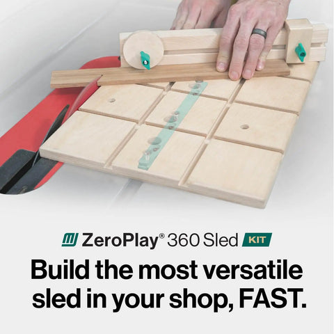 Premium Zero Play Table Saw Sled Kit Featuring Adjustable Miter Bar and Ergonomic MatchFit Handle for Flawless Crosscuts with Melamine base.