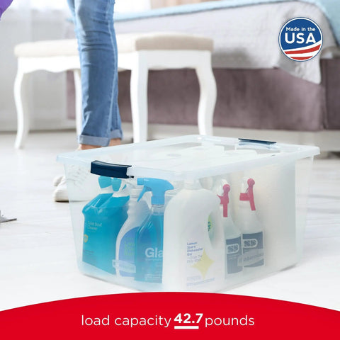 Cleverstore 95 Qt Clear Storage Bins With Lids, 4-Pack holding cleaning supplies, Made in USA badge, on floor near person