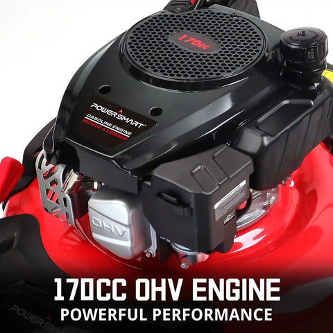 Close-up of a 170cc OHV engine on a Self Propelled 21 Inch Gas Lawn Mower With 170cc OHV Engine, Rear Wheel Drive, Single Speed