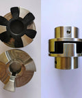 Left: black rubber L-Jaw coupling insert with metal jaw piece; right: chrome L-Jaw coupling hub