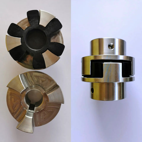 Two L090/L095 jaw coupling inserts with black NBR rubber jaws and metal centers.
Installed L-jaw coupling insert; silver split-hub housing with black bore and mounting hole.