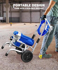 Heavy Duty Airless Paint Sprayer With 1800W Motor And 3800PSI Pressure Zero Hassle Thinning Free Coating Kit With Extension Rod And Wheels For Swift Pro Level Finishing Projects Blue, portable design with wheels in use.