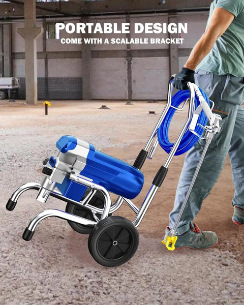 Heavy Duty Airless Paint Sprayer With 1800W Motor And 3800PSI Pressure Zero Hassle Thinning Free Coating Kit With Extension Rod And Wheels For Swift Pro Level Finishing Projects Blue, portable design with wheels in use.