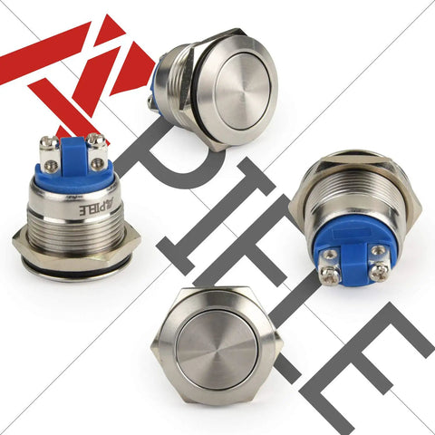 19mm Push Button Switch Momentary Waterproof Stainless Steel Flat Top 12V 24V 36V DC And 110V 250V AC 5A 1NO SPST Screw Terminal Pack Of 2 For Auto Motorcycle Marine Control Panels And DIY Wiring Projects, front and rear view