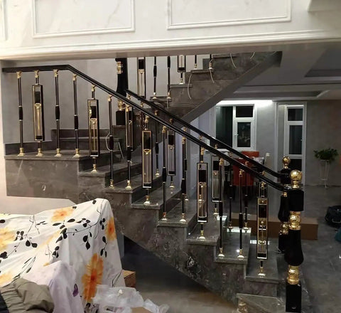 Hella Sturdy Square Deck Balusters And Stair Spindles Kit Featuring 37 Inch Adjustable Swivel Base in black and gold.