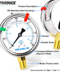Front view of MEANLIN glycerin-filled pressure gauge, 2.5-inch dial, 0–60 psi, stainless steel housing, 1/4" NPT lower-mount.