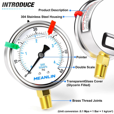 Front view of MEANLIN glycerin-filled pressure gauge, 2.5-inch dial, 0–60 psi, stainless steel housing, 1/4" NPT lower-mount.