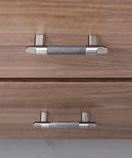 Knurled Cabinet Pulls Three And Three Quarters Inch Center To Center Five Pack In Grey And Brushed Nickel installed on wood drawers