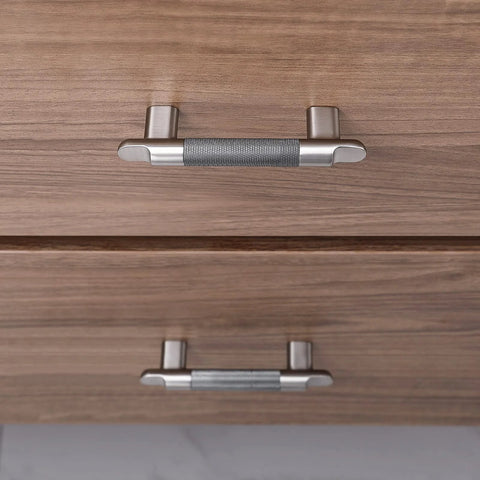 Knurled Cabinet Pulls Three And Three Quarters Inch Center To Center Five Pack In Grey And Brushed Nickel installed on wood drawers
