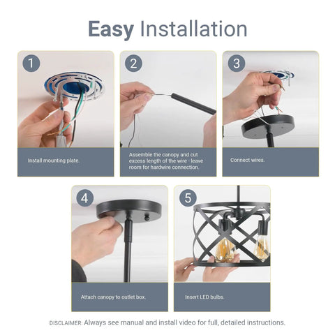 Easy installation steps for 3 Light Pendant Fixture With 3 X 600 Lumen LED Bulbs Included, Vintage Farmhouse Industrial Metal X Cage Design.