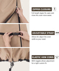 Detailed image of Heavy Duty 600D Patio Parasol Cover For Offset Banana Cantilever Umbrellas 7.5 To 11.5 Feet featuring zipper, adjustable strap, and elastic hem cord with toggle for secure fit.